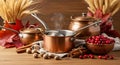 Rustic copper kitchenware and festive fall bounty Royalty Free Stock Photo