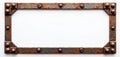Rustic corrosion metal frame with steel border and rivets on white background. Aged square rusty frame with empty space inside. Royalty Free Stock Photo