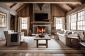 rustic and cottage-style home with cozy fireplace and plush rug Royalty Free Stock Photo