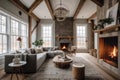 rustic and cottage-style home with cozy fireplace and plush rug Royalty Free Stock Photo