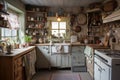 rustic and cottage-style kitchen, with vintage style appliances and knickknacks