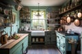 rustic and cottage-style kitchen, with vintage style appliances and knickknacks