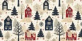 Rustic country christmas cottage with primitive hand sewing fabric effect. border. Cozy nostalgic shabby chic homespun