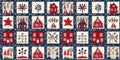 Rustic country christmas cottage with primitive hand sewing fabric effect. border. Cozy nostalgic shabby chic homespun