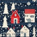 Rustic country christmas cottage with primitive hand sewing fabric effect. Cozy nostalgic shabby chic homespun americana