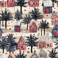 Rustic country christmas cottage with primitive hand sewing fabric effect. Cozy nostalgic shabby chic homespun americana