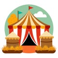 A rustic country fair with colorful tents and hay bales background with empty space for text Royalty Free Stock Photo