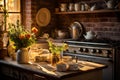 A rustic country kitchen with a farmhouse table, vintage appliances, and handmade pottery.