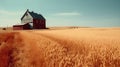 Rustic countryside farm with a weathered red barn with blue sky, rolling fields of golden wheat ready for harvest Royalty Free Stock Photo