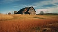 Rustic countryside farm with a weathered red barn with blue sky, rolling fields of golden wheat ready for harvest Royalty Free Stock Photo