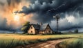 Rustic countryside house with windmill under stormy sky featuring dark clouds and distant lightning Royalty Free Stock Photo