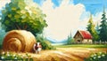 Rustic Countryside Scene with Haystack and Cow Near a Wooden House