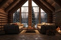 Rustic and cozy log cabin interior featuring a home mockup, 3D rendered Royalty Free Stock Photo