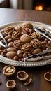 Assortment of Walnuts and Pecans on a Silver Platter Royalty Free Stock Photo