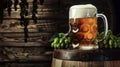 Rustic Craft Beer Mug with Frothy Head on Wooden Barrel Royalty Free Stock Photo