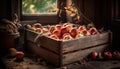 Rustic crate holds fresh organic autumn apples generated by AI