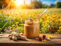 Rustic Creamy Peanut Butter Jar with Fork in a Summer Countryside Setting A Delicious and Healthy Snack or