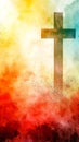 Rustic cross against a vibrant watercolor backdrop, embodying spiritual peace and diversity Royalty Free Stock Photo