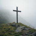 Rustic cross in foggy alpine setting Royalty Free Stock Photo