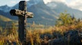 Rustic Cross with Mountain Backdrop - AI Generated Royalty Free Stock Photo