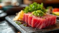 Rustic Culinary Experience: Close-Up of Tuna Fillet Steak and Sashimi