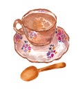 a rustic cup of tea with spoon in watercolor style rustic
