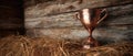 The rustic cup trophy resting on hay in a charming wooden barn interior. AI generated image Royalty Free Stock Photo