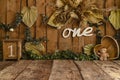 Rustic custom made sett up,tematic fall decor with big leafs Royalty Free Stock Photo