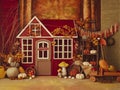 Rustic custom made sett up,tematic fall decor with cute house Royalty Free Stock Photo