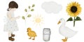 Rustic cute watercolor set. Isolated hand drawings of girl, duck, duckling, sun and cloud on white background. Farm