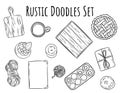 Rustic decorative doodles set. Collection of boho home related isolated black outline objects. Wooden cut board, breakfast tray,