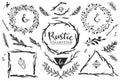 Rustic decorative elements with lettering. Hand drawn vintage.