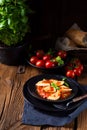 A rustic Delicious Pasta - Ravioli in tomato sauce with basil Royalty Free Stock Photo