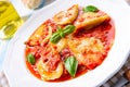 A rustic Delicious Pasta - Ravioli in tomato sauce with basil Royalty Free Stock Photo