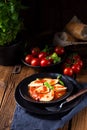 A rustic Delicious Pasta - Ravioli in tomato sauce with basil Royalty Free Stock Photo