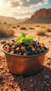 Rustic desert cuisine: mixed bean salad in copper bowl amidst desert landscape Royalty Free Stock Photo