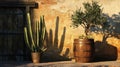 Rustic desert garden with cactus and olive tree against sunlit wall Royalty Free Stock Photo