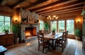 Rustic dining room with stone fireplace. Warm wood interior features a large table set for a meal. Fireplace glows brightly Royalty Free Stock Photo