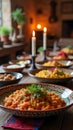 Rustic dining scene with gourmet dishes in candlelit ambience Royalty Free Stock Photo