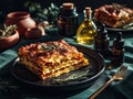 Rustic dining scene with lasagna on a black plate, garnished with fresh basil Dark wooden table with containers and bottles Royalty Free Stock Photo