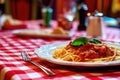 Rustic dining scene with pasta on red and white checkered tablecloth Royalty Free Stock Photo