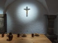 Rustic Dining Table with Crucifix on Stone Wall Royalty Free Stock Photo