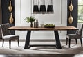 A rustic dining table with a metal base and a wooden top