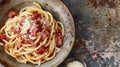 A rustic dish featuring bucatini pasta tossed with crispy pancetta and a tangy tomato sauce, sprinkled with freshly