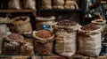 Burlap sacks filled with various coffee beans in a rustic setting Royalty Free Stock Photo