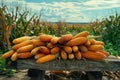 Freshly Harvested Corn Cobs on a Wooden Bench in a Field Royalty Free Stock Photo