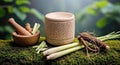 Rustic Display: Fresh Lemongrass Herb and Mortar Pestle on a Moss Covered Stone Diffuser Royalty Free Stock Photo