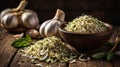 Garlic Flakes with Fresh Basil Leaves Arranged in Rustic Wooden Bowl Royalty Free Stock Photo