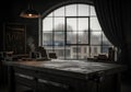 Rustic distressed metal workbench in a moody workshop with an industrial window view Royalty Free Stock Photo