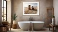 Rustic Dogon Art Inspired Bathroom Frame With Desertwave Landscape Photography